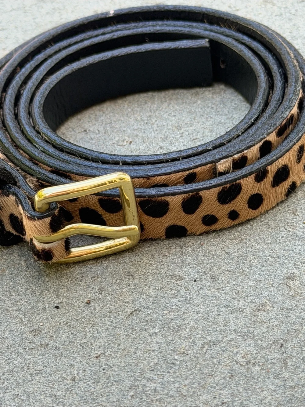 J.Crew Leopard Calf Hair Leather Skinny Belt Gold Buckle Made USA